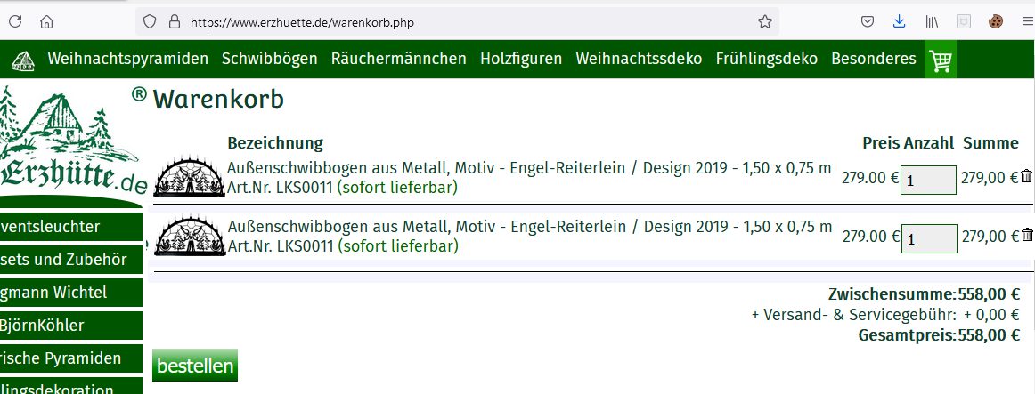 Artikelzusammenzählung im Warenkorb - vorher