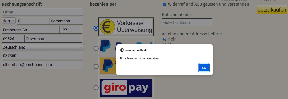 Fehlermeldung, wenn Mindestanzahl bei Anschrift nicht erfüllt ist